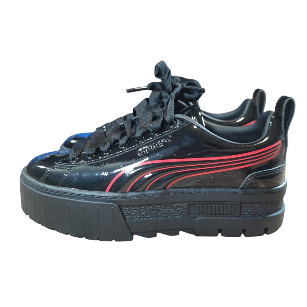 Puma Womens 7 Mayze Catwoman Platform Sneakers Black Patent Red Chunky Heel